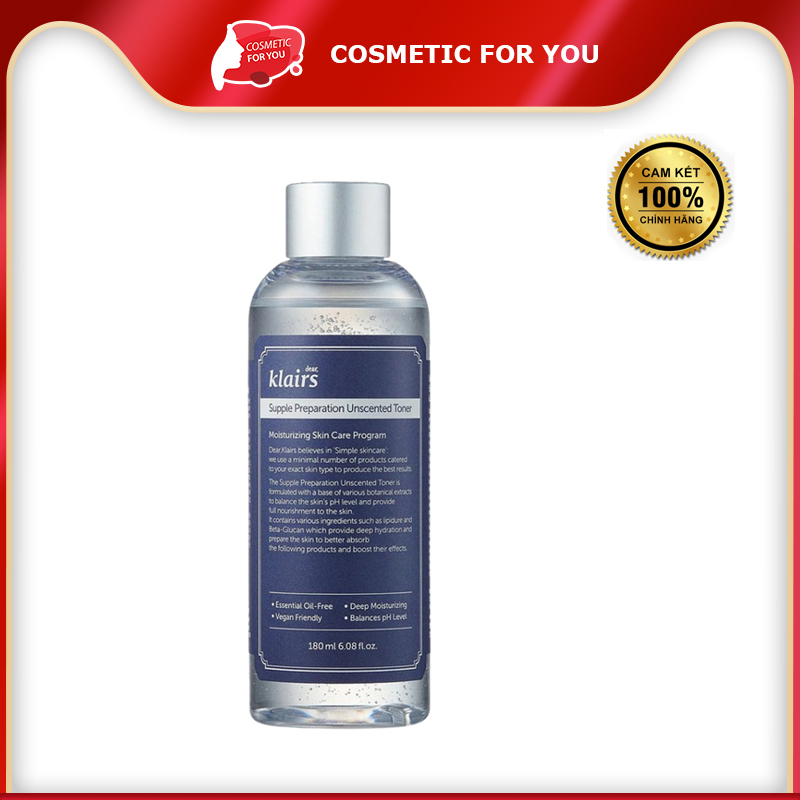 Nước Hoa Hồng Không Mùi Cho Da Nhạy Cảm Klairs Supple Preparation Unscented Toner 180ml