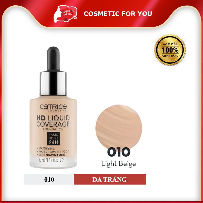 Kem Nền Kiềm Dầu, Che Phủ Tự Nhiên Catrice HD Liquid Coverage Foundation 30ml #010 Light Beige