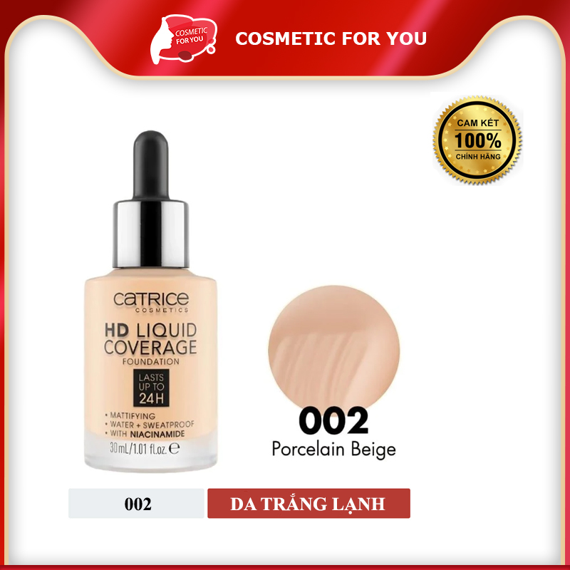 Kem Nền Kiềm Dầu, Che Phủ Tự Nhiên Catrice HD Liquid Coverage Foundation 30ml #002 Porcelain Beige